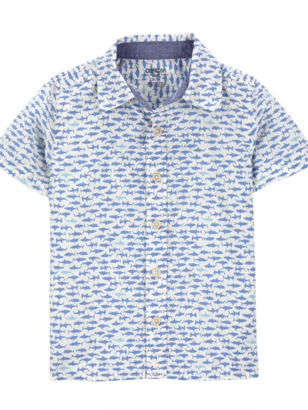 OshKosh B'gosh|White and Blue DitsyShark-Print Button-Down Shirt with collar•NWT